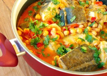 Bacalhau com grão e tomate