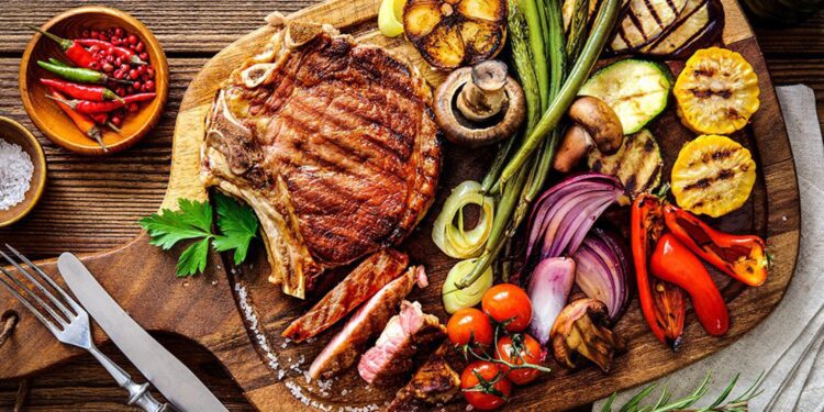 Entrecosto com vegetais no churrasco