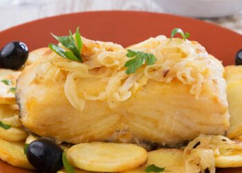 Bacalhau assado no forno com cebolada