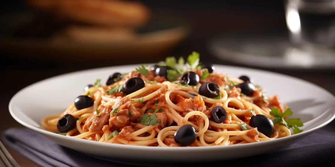 Esparguete cremoso com atum e azeitonas