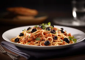 Esparguete cremoso com atum e azeitonas