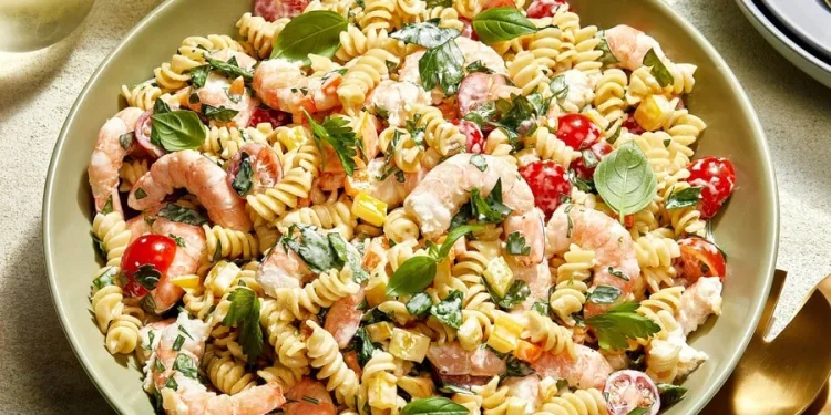 Salada de camarão com massa