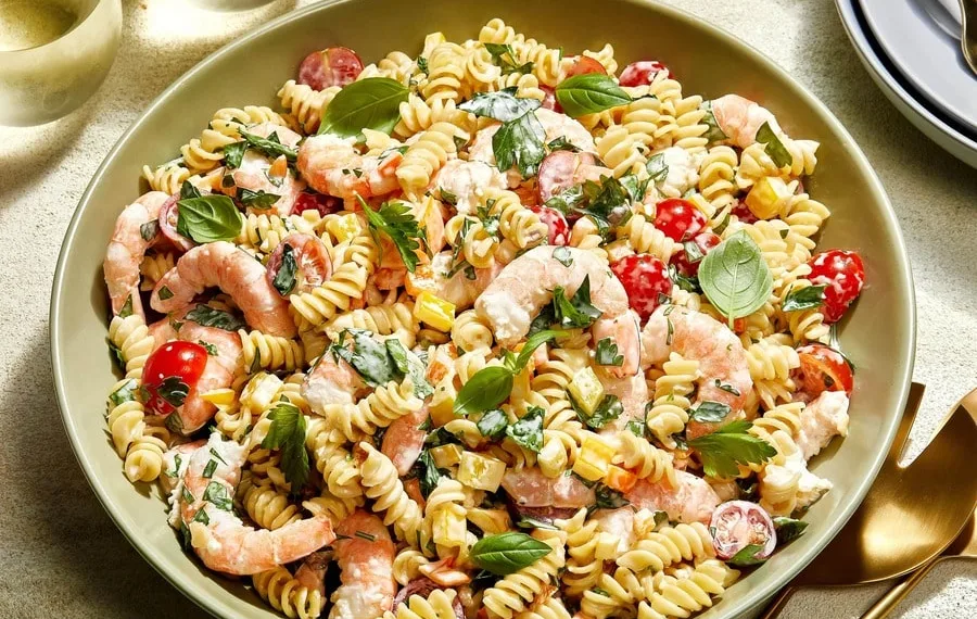 Salada de camarão com massa