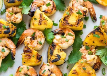 Espetada de camarão e ananás