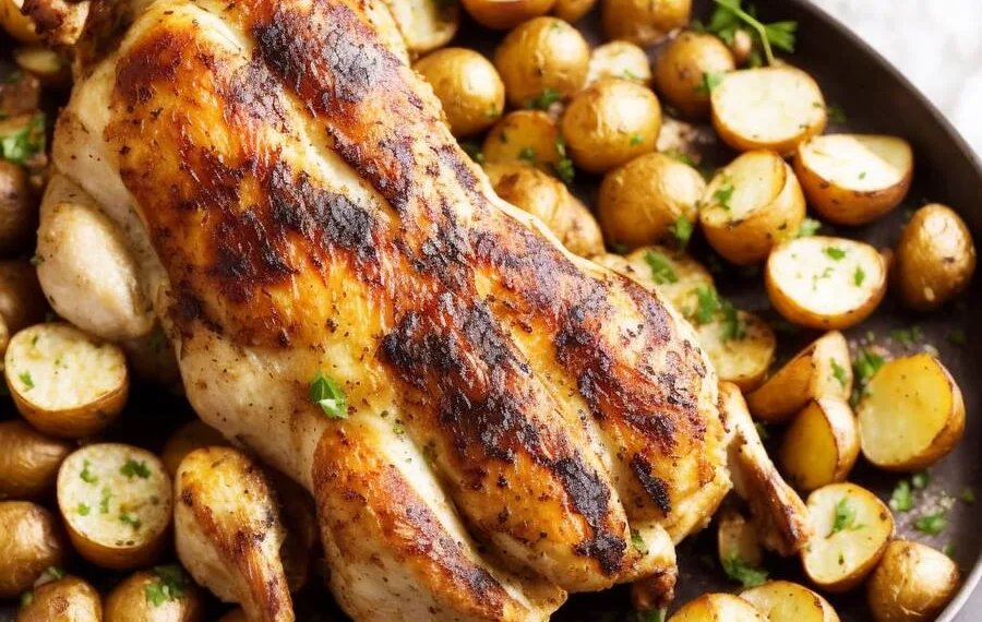 Frango assado no forno com batatas