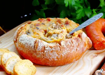 Pão recheado com queijo, farinheira e cogumelos