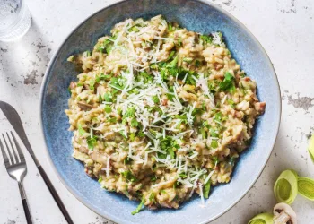 Risoto de cogumelos e bacon