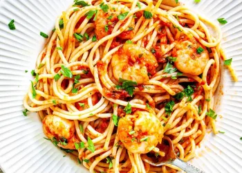 Massa com camarão e tomate