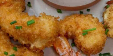 Camarões panados com maionese de coentros