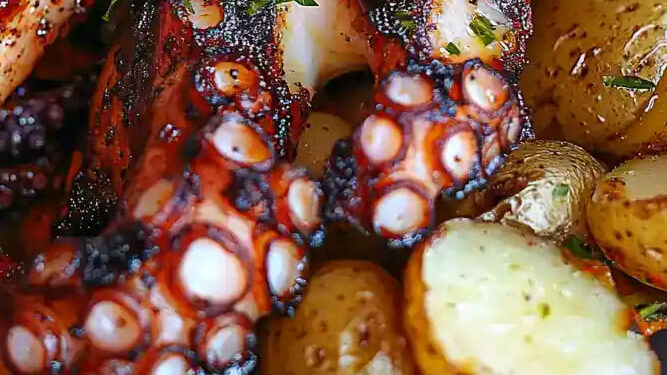 Polvo no forno com batatinhas e alho