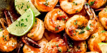 Camarões crocantes com mel picante e lima