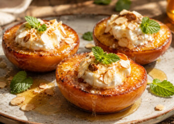 Pêssegos assados com mel e mascarpone
