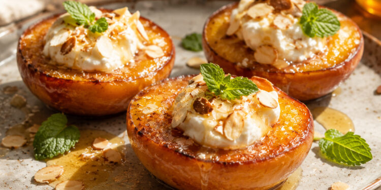 Pêssegos assados com mel e mascarpone