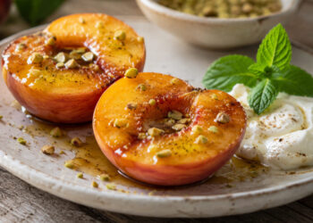 Pêssegos assados na air fryer com mel e pistácio: a sobremesa de verão em 20 minutos
