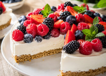 Tarte fria de iogurte grego com frutos vermelhos: sem forno e sem gelatina