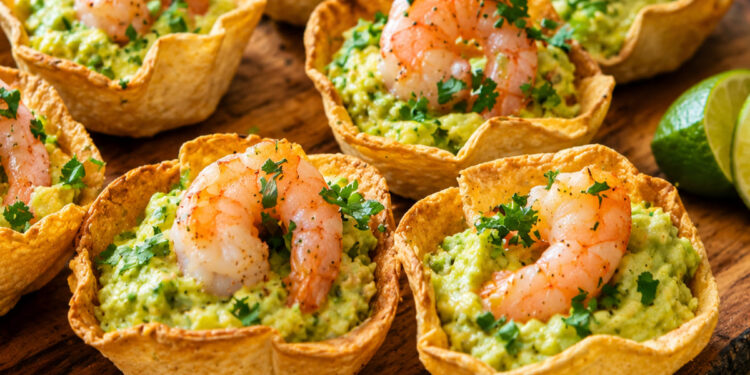 Tortilhas com guacamole e camarão